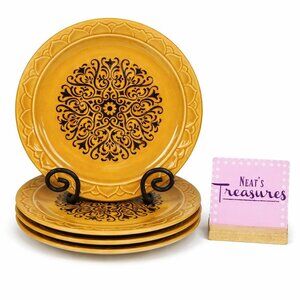 Vintage Japan GOLDEN SEVILLE Black Center Design Stoneware Dinner Plates Set 4